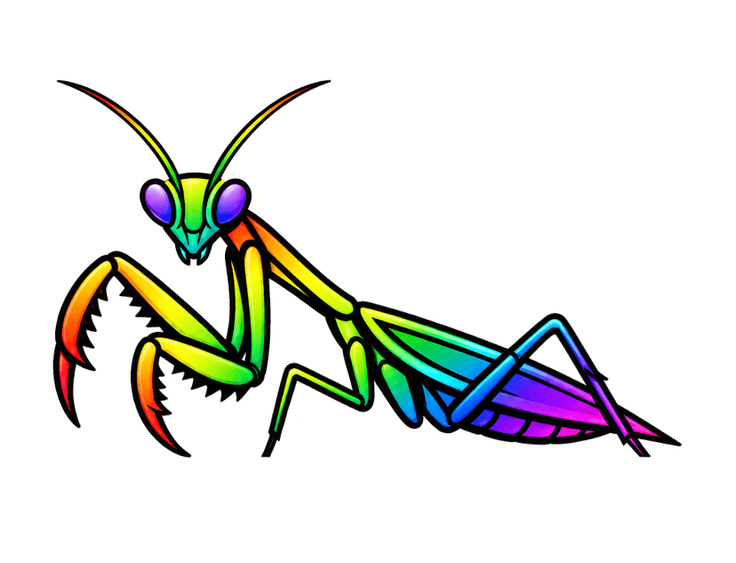 Albamind mascot — a rainbow praying mantis
