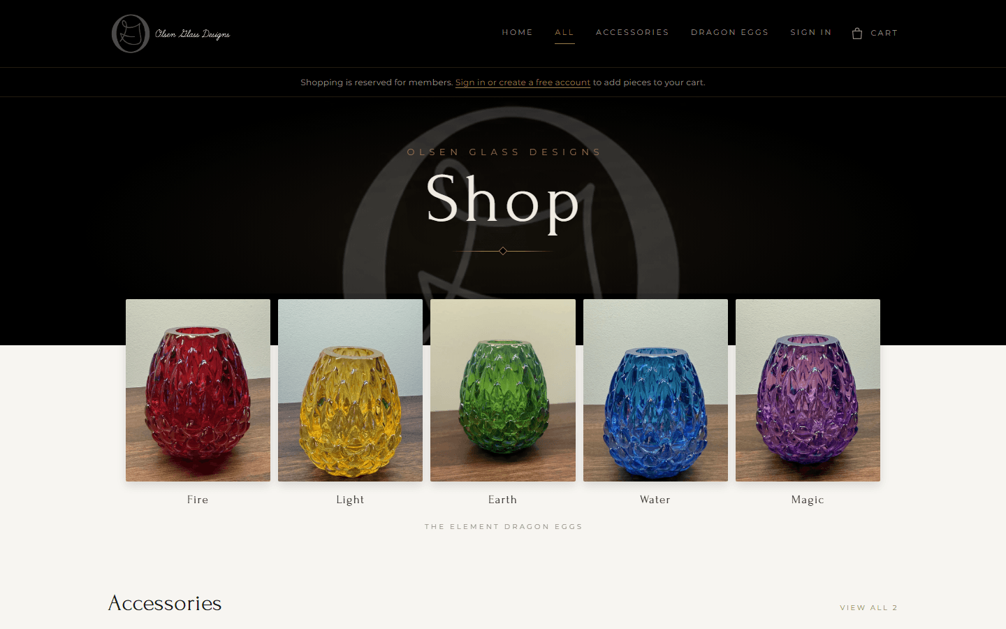 Olsen Glass Designs storefront on desktop