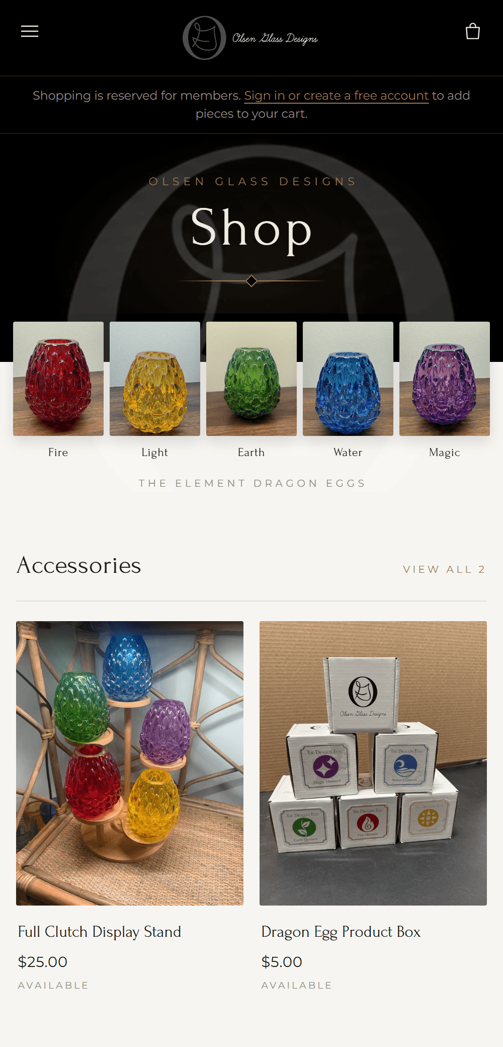 Olsen Glass Designs storefront on a phone
